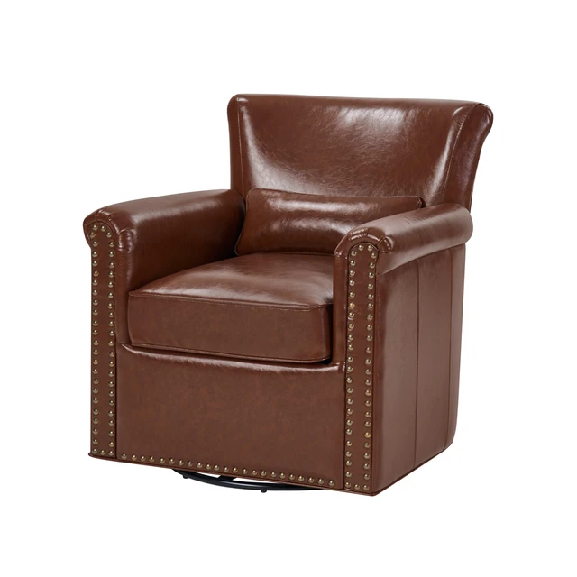 Alt view image 6 of 7 - 360° Swivel Accent Chair Leather Upholstered Club Chair with Rolled Arm, Sewn Pillow Back and Nailhead Trim Metal Base