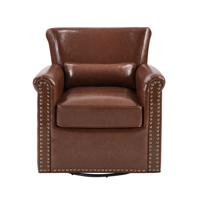 Alt view image 7 of 7 - 360° Swivel Accent Chair Leather Upholstered Club Chair with Rolled Arm, Sewn Pillow Back and Nailhead Trim Metal Base