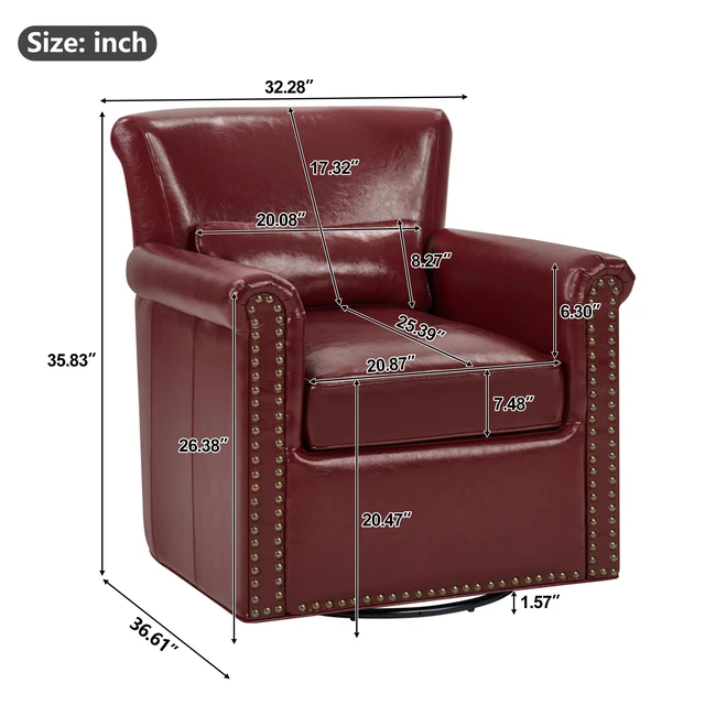 Alt view image 2 of 7 - 360° Swivel Accent Chair Leather Upholstered Club Chair with Rolled Arm, Sewn Pillow Back and Nailhead Trim Metal Base