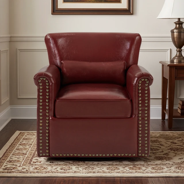Alt view image 5 of 7 - 360° Swivel Accent Chair Leather Upholstered Club Chair with Rolled Arm, Sewn Pillow Back and Nailhead Trim Metal Base