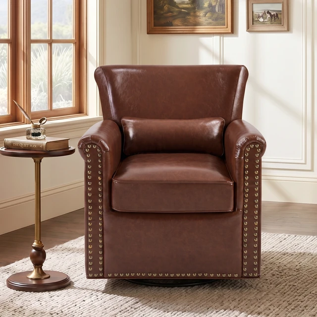 Alt view image 5 of 7 - 360° Swivel Accent Chair Leather Upholstered Club Chair with Rolled Arm, Sewn Pillow Back and Nailhead Trim Metal Base