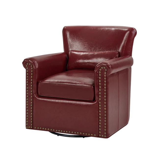 Alt view image 6 of 7 - 360° Swivel Accent Chair Leather Upholstered Club Chair with Rolled Arm, Sewn Pillow Back and Nailhead Trim Metal Base