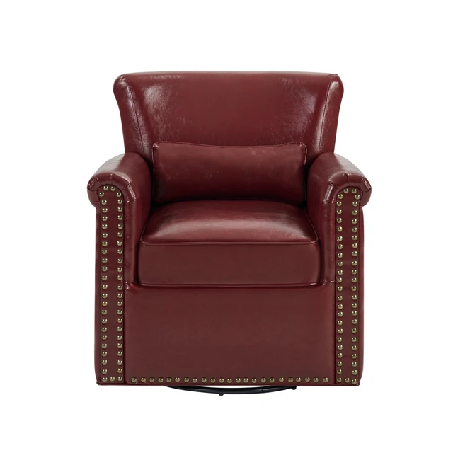 Alt view image 7 of 7 - 360° Swivel Accent Chair Leather Upholstered Club Chair with Rolled Arm, Sewn Pillow Back and Nailhead Trim Metal Base