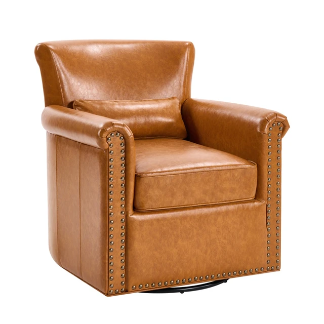 Alt view image 6 of 7 - 360° Swivel Accent Chair Upholstered Club Chair with Rolled Arm, Sewn Pillow Back and Nailhead Trim Metal Base