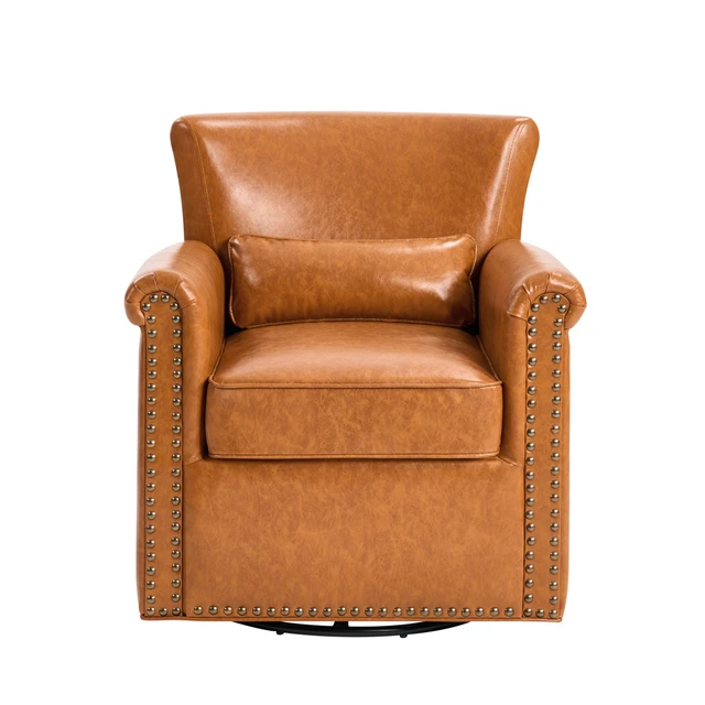 Alt view image 7 of 7 - 360° Swivel Accent Chair Upholstered Club Chair with Rolled Arm, Sewn Pillow Back and Nailhead Trim Metal Base