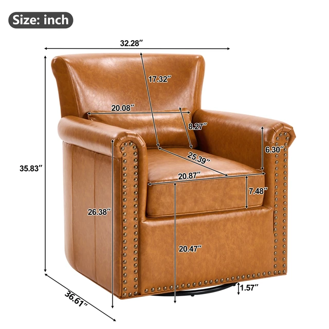 Alt view image 2 of 7 - 360° Swivel Accent Chair Upholstered Club Chair with Rolled Arm, Sewn Pillow Back and Nailhead Trim Metal Base