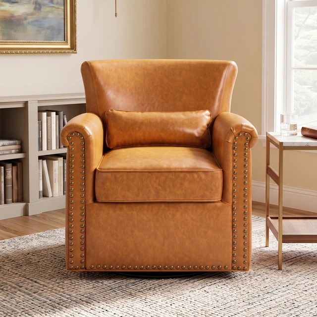 Alt view image 5 of 7 - 360° Swivel Accent Chair Upholstered Club Chair with Rolled Arm, Sewn Pillow Back and Nailhead Trim Metal Base