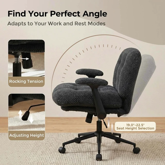 Alt view image 6 of 7 - Pineapple Textured Chenille Fabric Swivel Desk Chair, Adjustable Height Upholstered Chair with Armrest Extra High