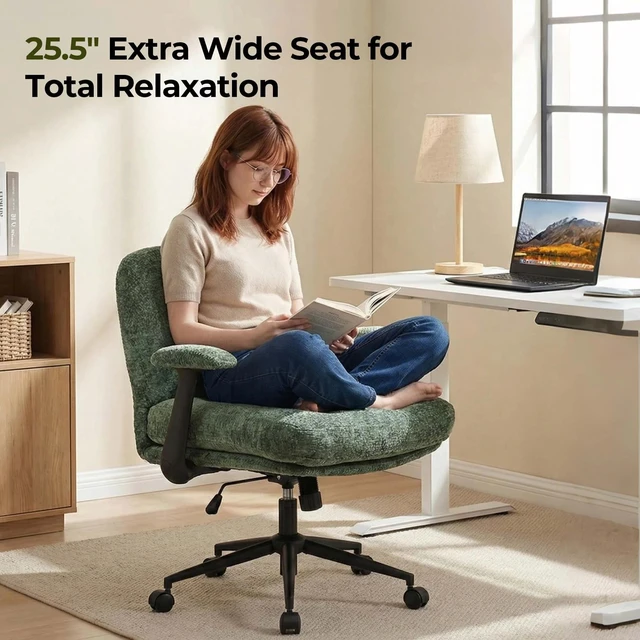 Alt view image 3 of 7 - Chenille Swivel Desk Chair, Adjustable Height Velvet Like Chair with Armrest High Density Foam Ergonomic Task Green
