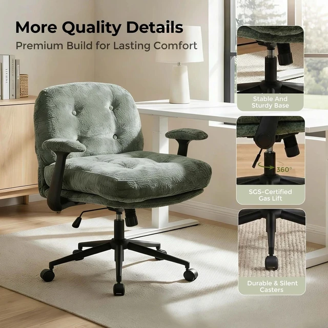 Alt view image 4 of 7 - Chenille Swivel Desk Chair, Adjustable Height Velvet Like Chair with Armrest High Density Foam Ergonomic Task Green