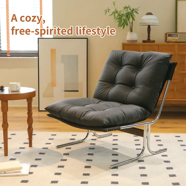 Alt view image 3 of 7 - Leather Armchair, Accent Chair High Back Living Chairs with Metal Legs and Soft Padded Sofa for Dining pc, Black, Faux