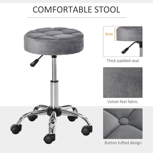 Alt view image 4 of 7 - Round Rolling Stool with Height Adjustable Lift, Vanity Chair with Upholstery Chair with Swivel Seat and Wheels