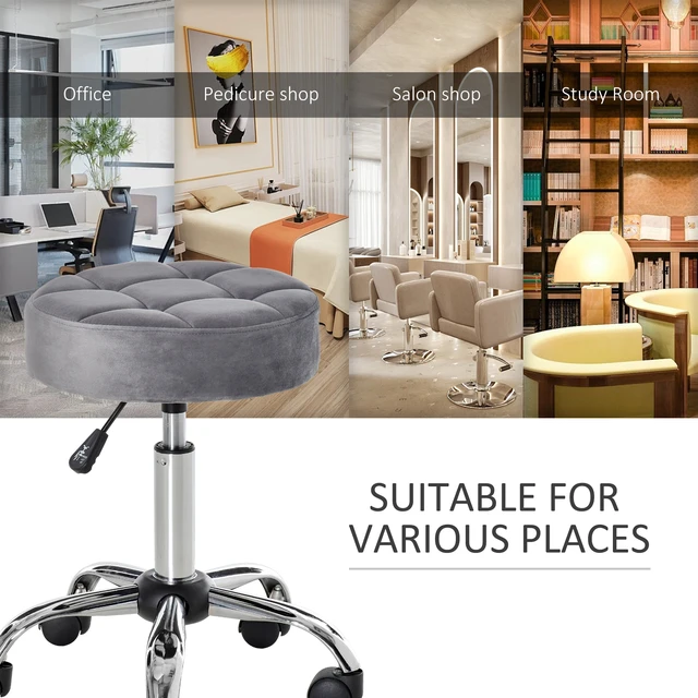 Alt view image 6 of 7 - Round Rolling Stool with Height Adjustable Lift, Vanity Chair with Upholstery Chair with Swivel Seat and Wheels