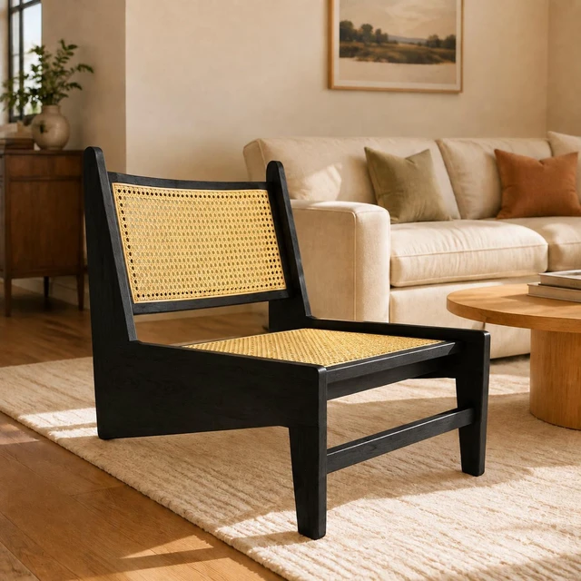 Main image of Mid Century Accent Chair, Rattan Lounge Chair for Living Side Corner, Black, Rubber Wood, Accent Seating