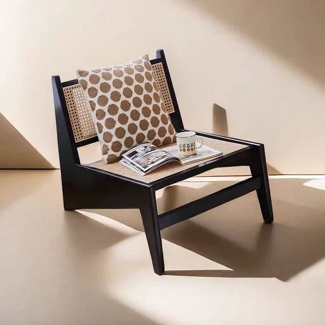 Alt view image 3 of 7 - Mid Century Accent Chair, Rattan Lounge Chair for Living Side Corner, Black, Rubber Wood, Accent Seating