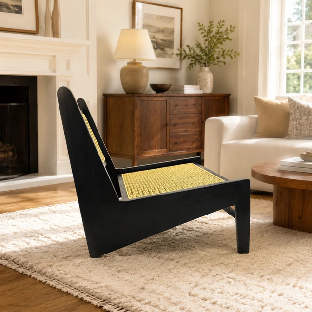 Alt view image 2 of 7 - Mid Century Accent Chair, Rattan Lounge Chair for Living Side Corner, Black, Rubber Wood, Accent Seating