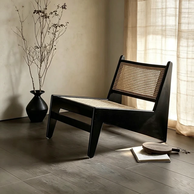 Alt view image 4 of 7 - Mid Century Accent Chair, Rattan Lounge Chair for Living Side Corner, Black, Rubber Wood, Accent Seating