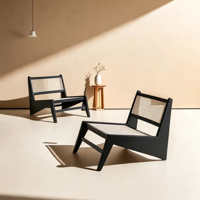 Alt view image 5 of 7 - Mid Century Accent Chair, Rattan Lounge Chair for Living Side Corner, Black, Rubber Wood, Accent Seating