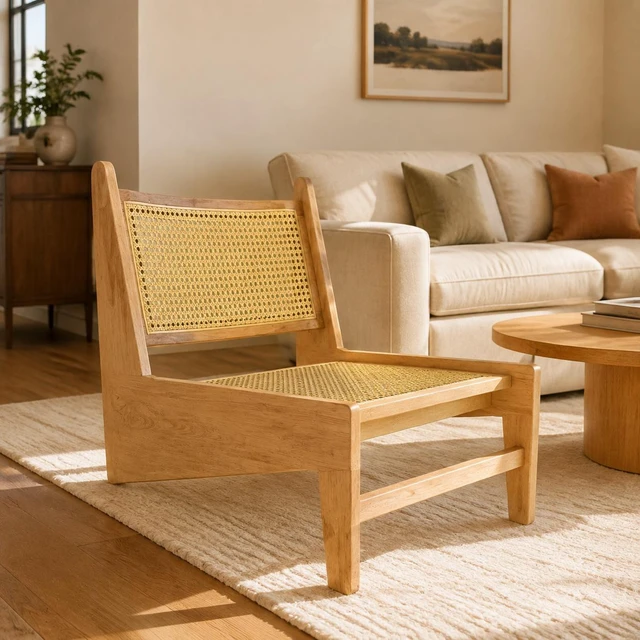 Main image of Mid Century Accent Chair, Rattan Lounge Chair for Living Side Corner, Natural, Rubber Wood, Accent Seating