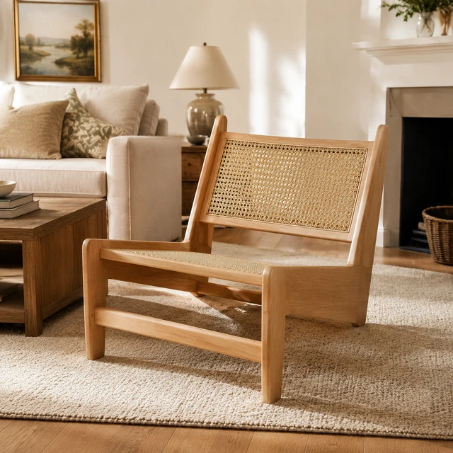 Alt view image 2 of 7 - Mid Century Accent Chair, Rattan Lounge Chair for Living Side Corner, Natural, Rubber Wood, Accent Seating