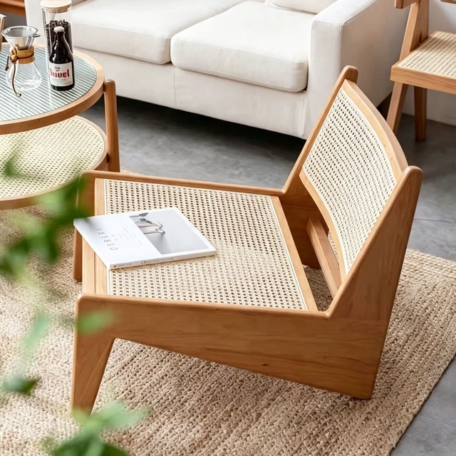 Alt view image 4 of 7 - Mid Century Accent Chair, Rattan Lounge Chair for Living Side Corner, Natural, Rubber Wood, Accent Seating