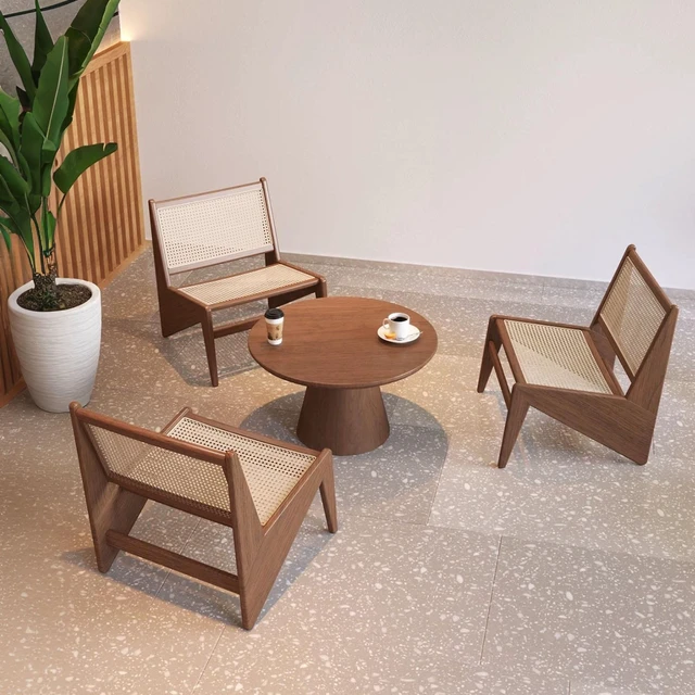 Alt view image 5 of 7 - Mid Century Accent Chair, Rattan Lounge Chair for Living Side Corner, Walnut, Rubber Wood, Accent Seating