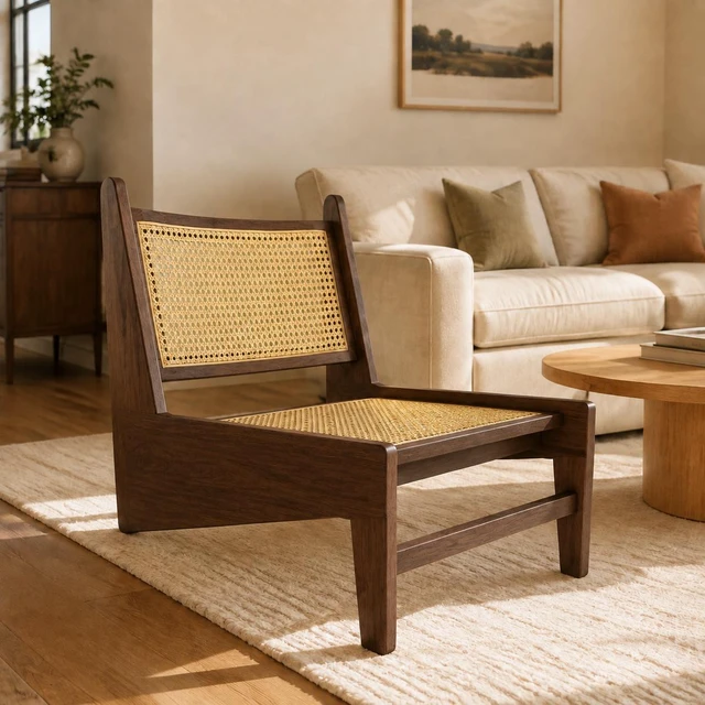 Alt view image 2 of 7 - Mid Century Accent Chair, Rattan Lounge Chair for Living Side Corner, Walnut, Rubber Wood, Accent Seating