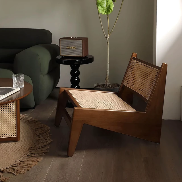 Alt view image 7 of 7 - Mid Century Accent Chair, Rattan Lounge Chair for Living Side Corner, Walnut, Rubber Wood, Accent Seating