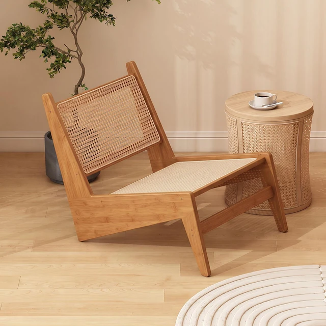 Main image of Mid-Century Rattan Accent Lounge Chair, Armless Cane Woven Low Profile Leisure Chair for Living Sunroom Natural Tone
