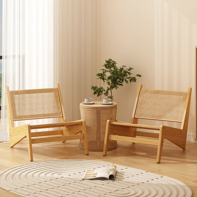 Alt view image 4 of 7 - Mid-Century Rattan Accent Lounge Chair, Armless Cane Woven Low Profile Leisure Chair for Living Sunroom Natural Tone