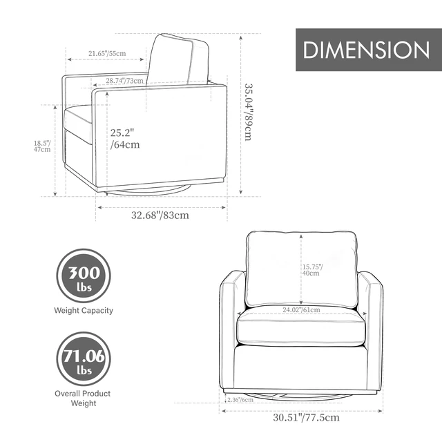 Alt view image 4 of 7 - 30.5 Inch Upholstered Square Swivel Accent Chair and Accent Single Sofa Chair, Degree Club Lounge Armchair