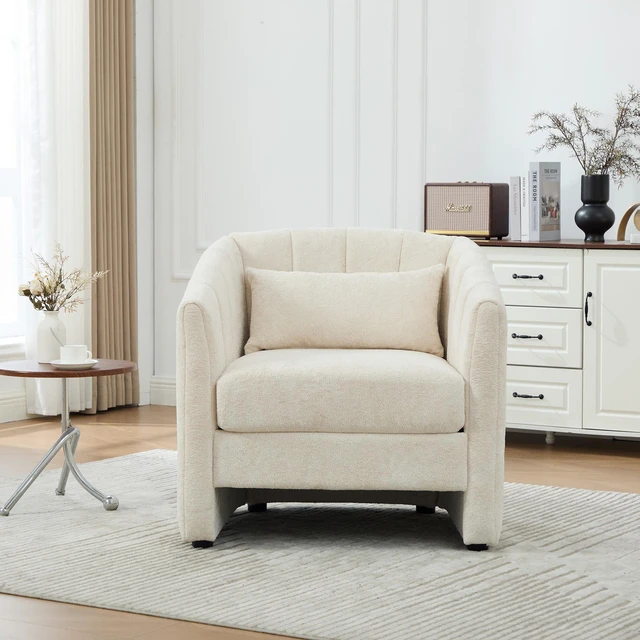 Alt view image 4 of 7 - 31.3 Inch Tufted Pumpkin Shape Accent Chair, Upholstered Reading Chair Chenille Armchair for Living Guestroom, Beige