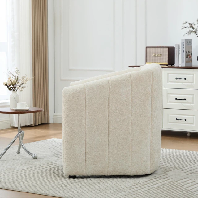 Alt view image 3 of 7 - 31.3 Inch Tufted Pumpkin Shape Accent Chair, Upholstered Reading Chair Chenille Armchair for Living Guestroom, Beige