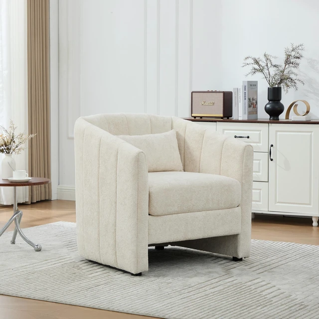 Alt view image 5 of 7 - 31.3 Inch Tufted Pumpkin Shape Accent Chair, Upholstered Reading Chair Chenille Armchair for Living Guestroom, Beige