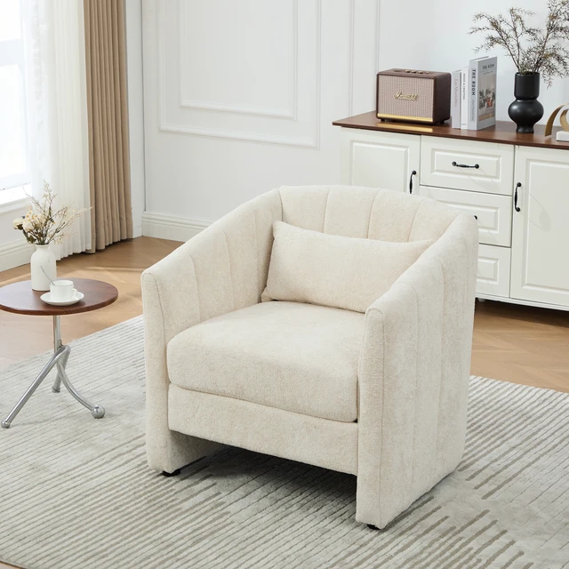 Alt view image 2 of 7 - 31.3 Inch Tufted Pumpkin Shape Accent Chair, Upholstered Reading Chair Chenille Armchair for Living Guestroom, Beige