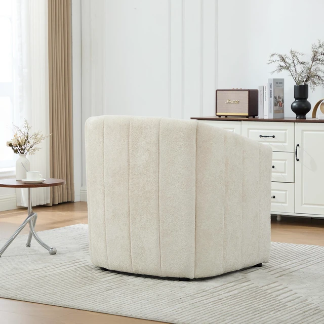 Alt view image 6 of 7 - 31.3 Inch Tufted Pumpkin Shape Accent Chair, Upholstered Reading Chair Chenille Armchair for Living Guestroom, Beige
