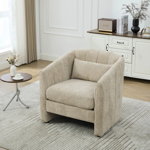 Alt view image 2 of 7 - 31.3 Inch Tufted Pumpkin Shape Accent Chair, Upholstered Reading Chair Chenille Armchair for Living Guestroom Wheat