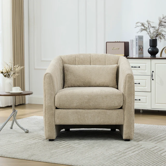 Alt view image 4 of 7 - 31.3 Inch Tufted Pumpkin Shape Accent Chair, Upholstered Reading Chair Chenille Armchair for Living Guestroom Wheat