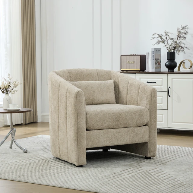 Alt view image 5 of 7 - 31.3 Inch Tufted Pumpkin Shape Accent Chair, Upholstered Reading Chair Chenille Armchair for Living Guestroom Wheat