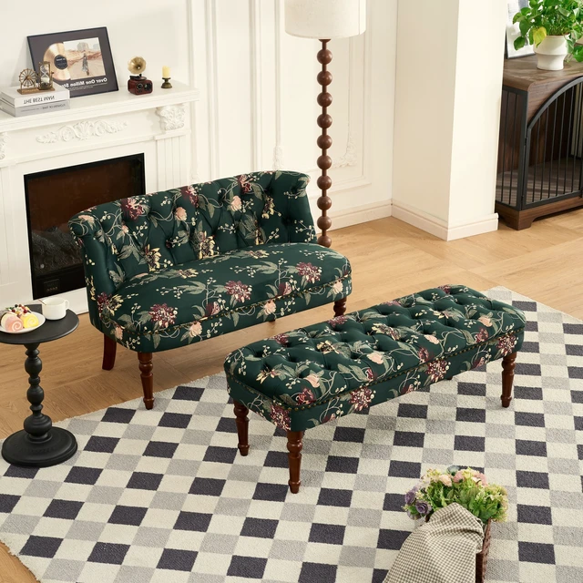 Alt view image 2 of 7 - Sofa Chair Living Single Sofa Chair and Tufted Floral Bench with Turned Wood Legs, European Dressing Stool Lazy Green