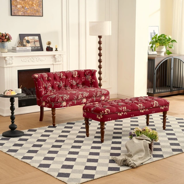 Main image of Sofa Chair Living Single Sofa Chair and Tufted Floral Bench with Turned Wood Legs, European Dressing Stool Lazy Wine