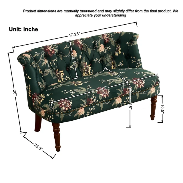 Alt view image 4 of 7 - Sofa Chair Living Single Sofa Chair and Tufted Floral Bench with Turned Wood Legs, European Dressing Stool Lazy Green