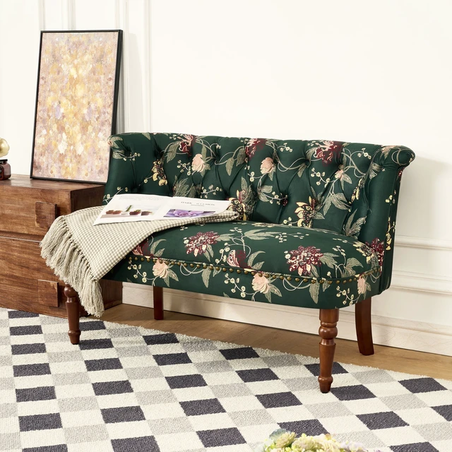 Alt view image 6 of 7 - Sofa Chair Living Single Sofa Chair and Tufted Floral Bench with Turned Wood Legs, European Dressing Stool Lazy Green