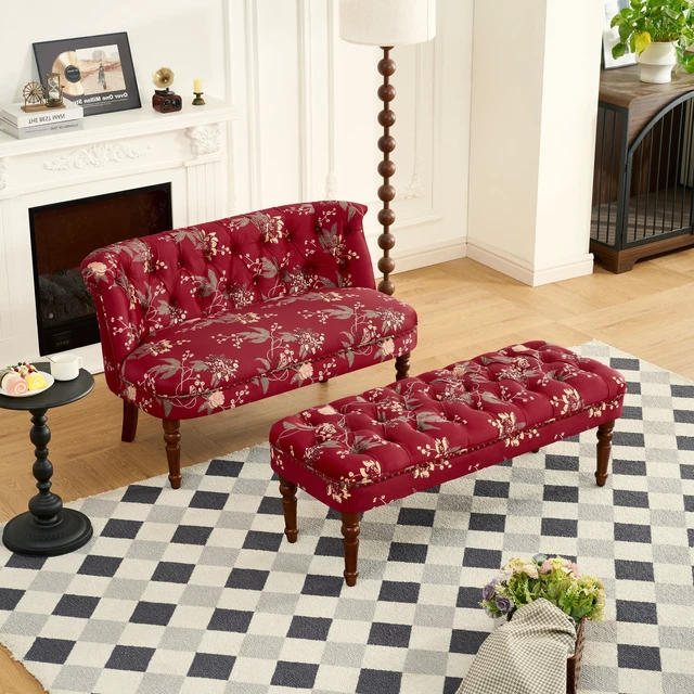 Alt view image 2 of 7 - Sofa Chair Living Single Sofa Chair and Tufted Floral Bench with Turned Wood Legs, European Dressing Stool Lazy Wine