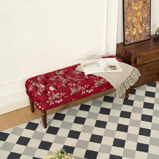 Alt view image 7 of 7 - Sofa Chair Living Single Sofa Chair and Tufted Floral Bench with Turned Wood Legs, European Dressing Stool Lazy Wine