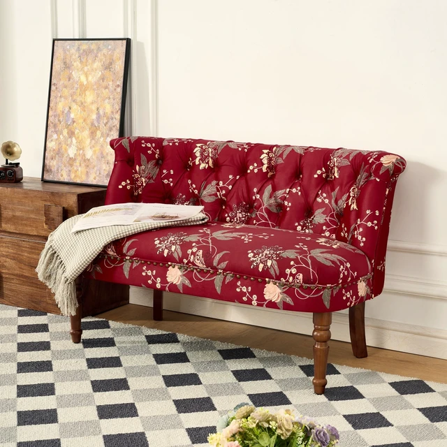 Alt view image 6 of 7 - Sofa Chair Living Single Sofa Chair and Tufted Floral Bench with Turned Wood Legs, European Dressing Stool Lazy Wine