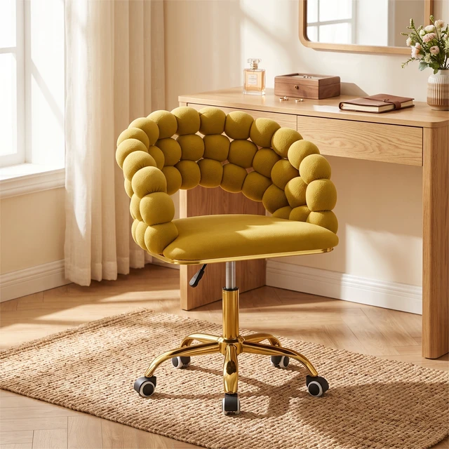Alt view image 3 of 7 - Velvet Bubble Back Desk Chair, Adjustable Height 360° Swivel Vanity Chair with Wheels Gold Metal Base Rolling Makeup