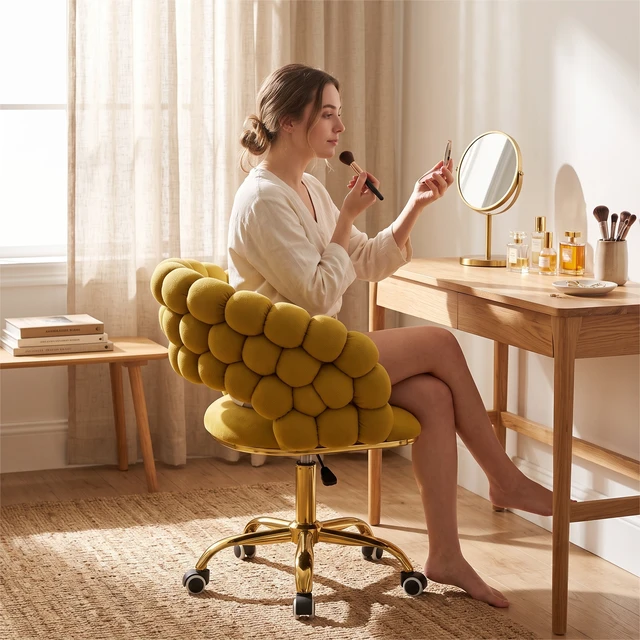 Alt view image 4 of 7 - Velvet Bubble Back Desk Chair, Adjustable Height 360° Swivel Vanity Chair with Wheels Gold Metal Base Rolling Makeup