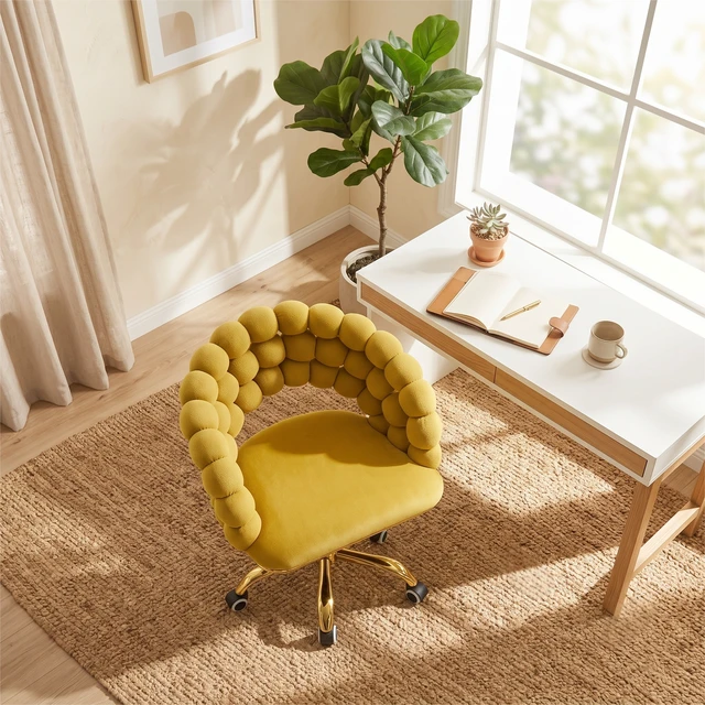 Alt view image 5 of 7 - Velvet Bubble Back Desk Chair, Adjustable Height 360° Swivel Vanity Chair with Wheels Gold Metal Base Rolling Makeup