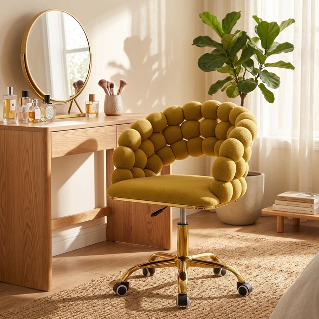 Main image of Velvet Bubble Back Desk Chair, Adjustable Height 360° Swivel Vanity Chair with Wheels Gold Metal Base Rolling Makeup
